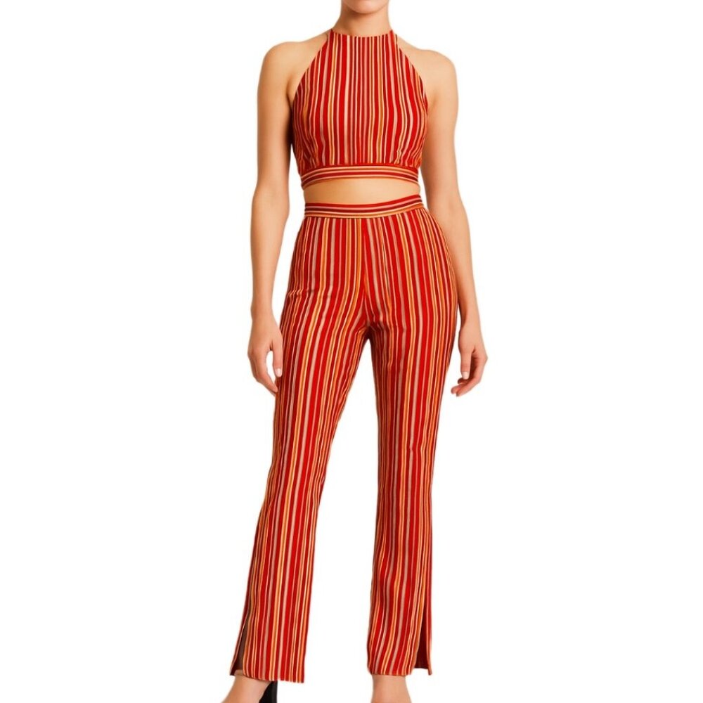 Love Nation XL Striped Halter Crop Top & Fit and Flare Pants Set Pant Slits NEW